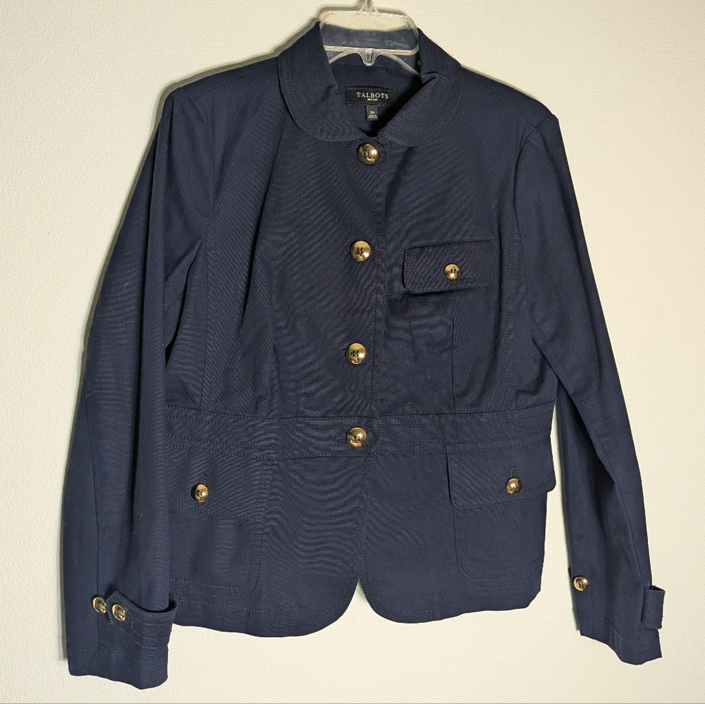 Talbots Womens Blazer Jacket Nautical Military Inspired Classic Navy Blue 12P